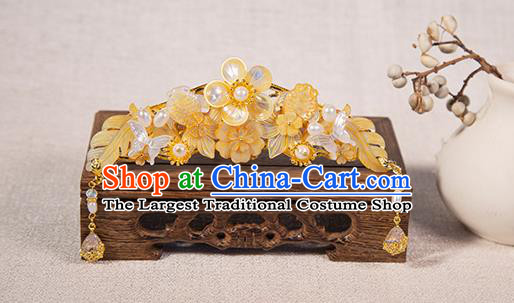 Chinese Ancient Patrician Female Hairpin Traditional Ming Dynasty Young Lady Yellow Shell Plum Hair Crown Jewelry