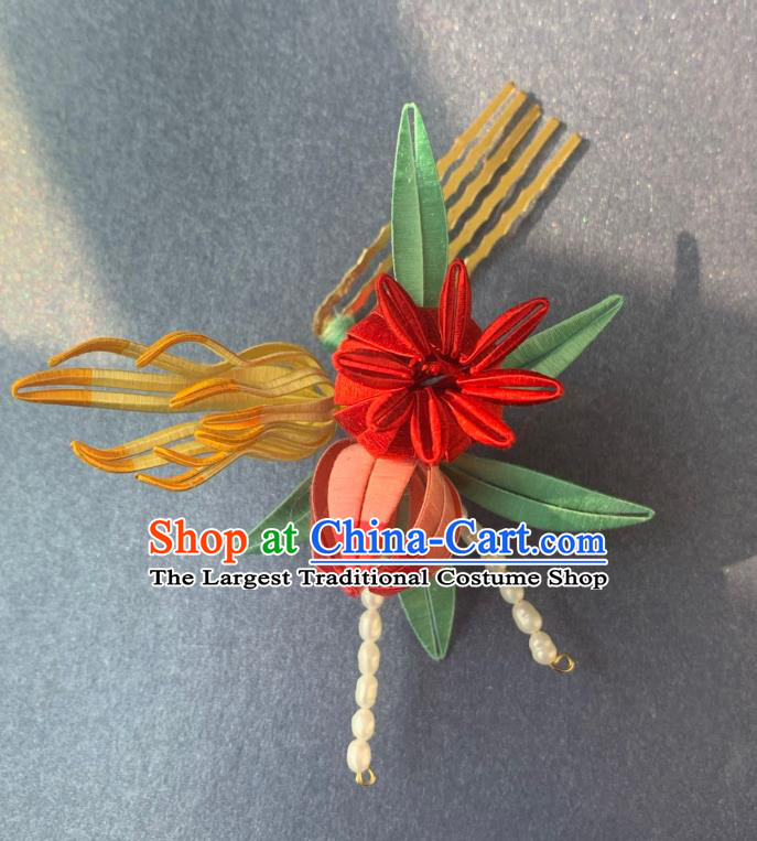 China Handmade Silk Flowers Hairpin Traditional Hanfu Hair Accessories Ancient Young Lady Hair Comb