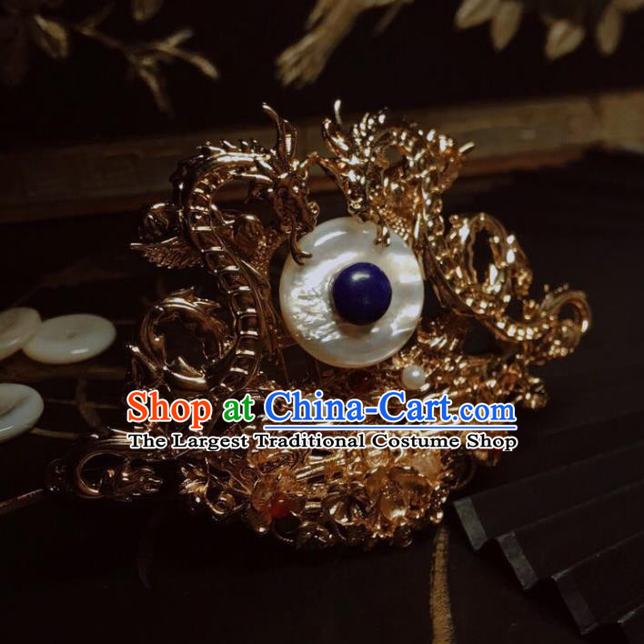 China Handmade Golden Dragon Hairpin Traditional Tang Dynasty Hair Accessories Ancient Prince Shell Hairdo Crown