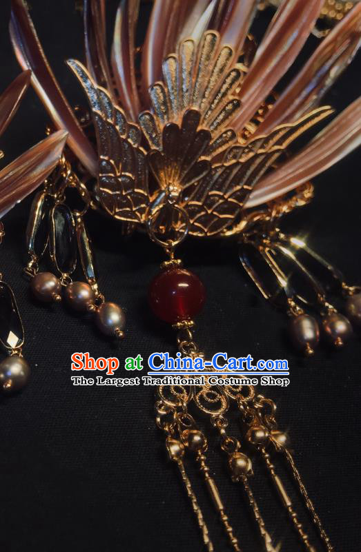 China Handmade Golden Phoenix Hairpin Traditional Tang Dynasty Hair Accessories Ancient Swordswoman Shell Hair Crown