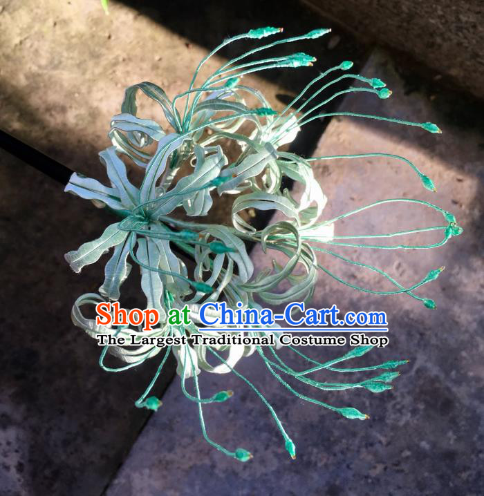 China Handmade Light Green Silk Manjusaka Hairpin Traditional Hanfu Headpiece Ancient Tang Dynasty Princess Hair Stick