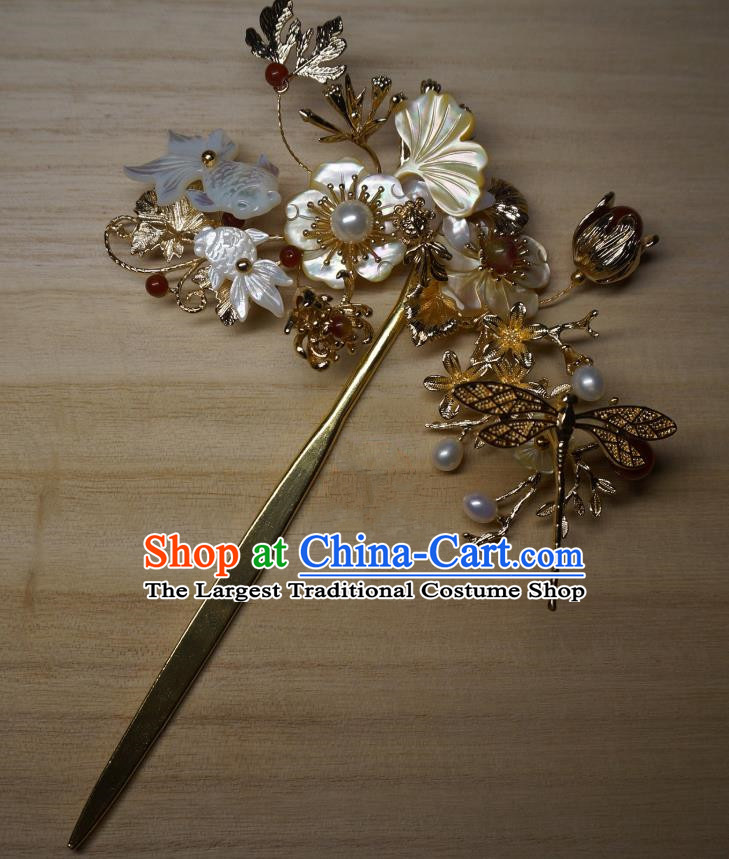 China Handmade Shell Goldfish Plum Hairpin Traditional Ming Dynasty Hair Accessories Ancient Empress Golden Dragonfly Hair Clip