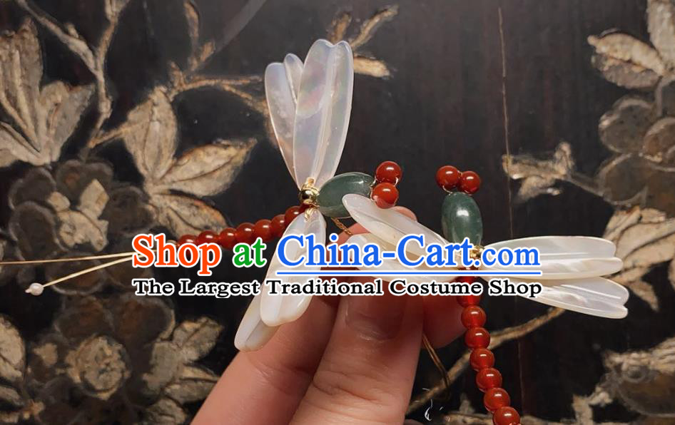 China Handmade Shell Dragonfly Hairpin Traditional Ming Dynasty Hair Accessories Ancient Princess Jadeite Hair Stick