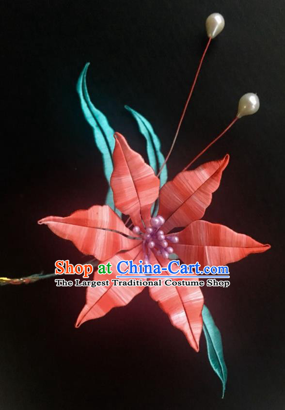 China Handmade Silk Lily Flower Hairpin Traditional Hanfu Hair Accessories Ancient Village Girl Hair Stick