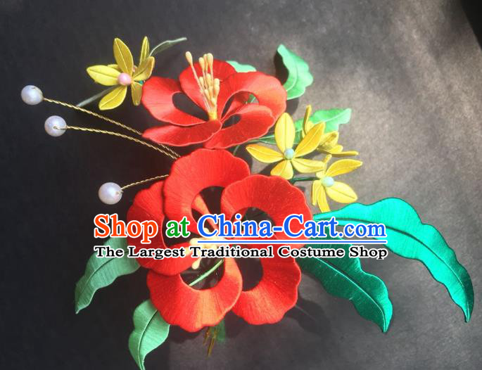 China Handmade Red Silk Hibiscus Hairpin Traditional Ming Dynasty Hair Accessories Ancient Young Beauty Hair Stick