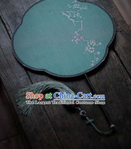 Chinese Handmade Kesi Plum Blossom Painting Pattern Green Silk Fan Traditional Palace Fan Ancient Princess Hanfu Fans