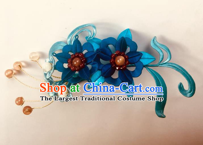 China Handmade Blue Silk Flowers Hairpin Traditional Ming Dynasty Hair Accessories Ancient Palace Lady Hair Stick