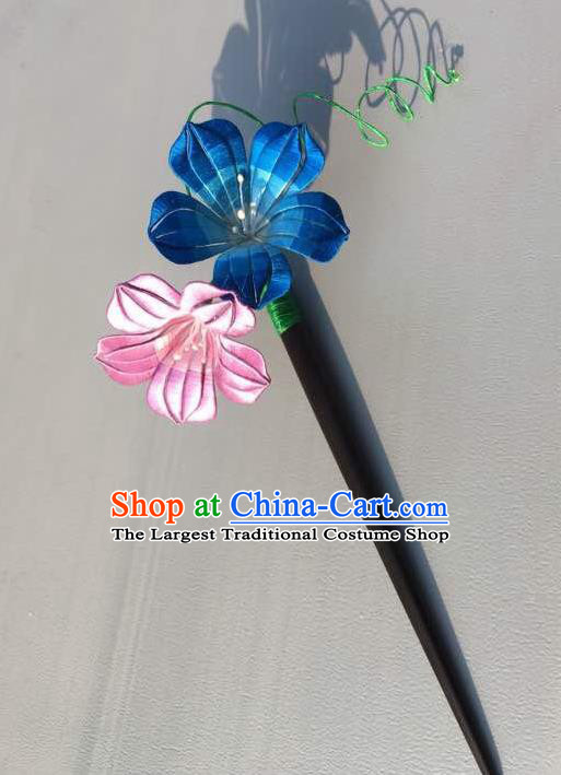 China Handmade Silk Petunia Hairpin Traditional Cheongsam Hair Accessories Ancient Swordswoman Ebony Hair Stick