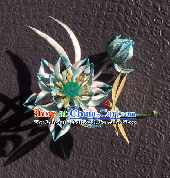 China Handmade Light Blue Silk Lotus Hairpin Traditional Hanfu Headwear Ancient Young Lady Hair Stick