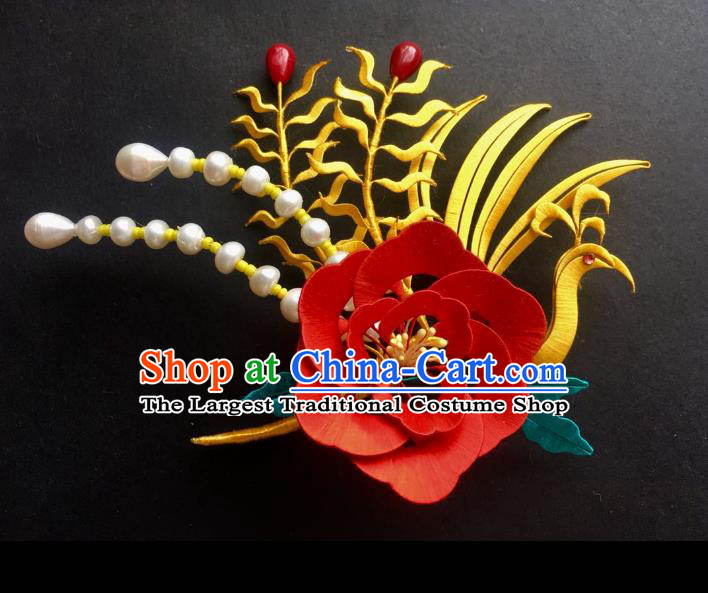 China Handmade Silk Golden Phoenix Hairpin Traditional Hanfu Headpiece Ancient Song Dynasty Noble Woman Red Peony Hair Crown