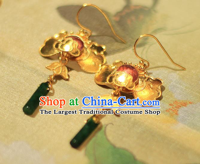 Chinese Traditional Cheongsam Ear Accessories National Jade Jewelry Handmade Golden Earrings