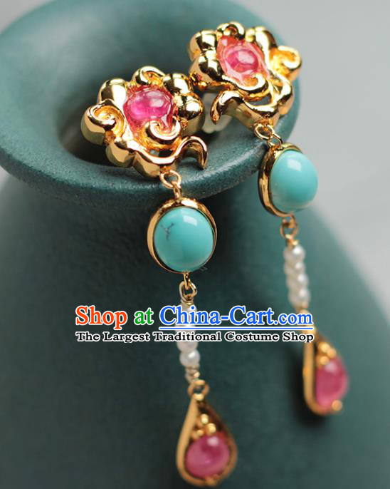 Chinese Traditional Cheongsam Golden Cloud Ear Accessories National Pearls Jewelry Handmade Tourmaline Earrings