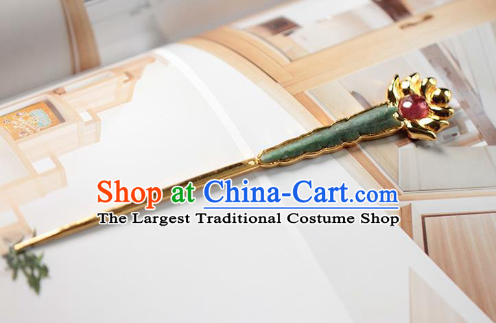 China Handmade Jadeite Hairpin Traditional Cheongsam Hair Accessories Ancient Queen Golden Hair Stick