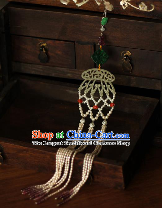 Chinese Ancient Qing Dynasty Imperial Concubine Jade Brooch Accessories Traditional Cheongsam Pearls Tassel Pendant