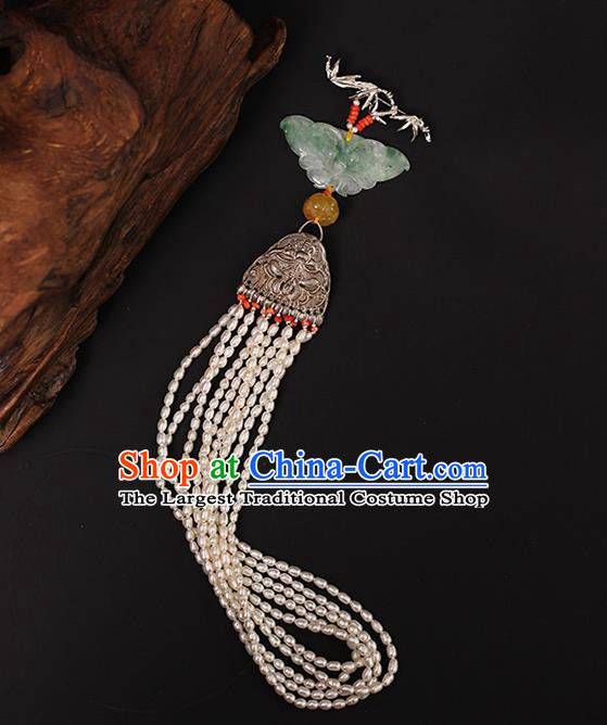 Chinese Traditional Cheongsam Pearls Tassel Pendant Ancient Qing Dynasty Court Woman Jade Butterfly Brooch Accessories