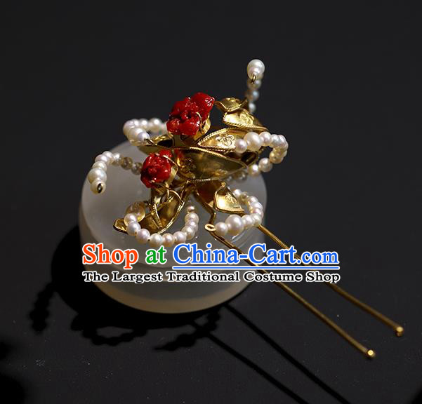 China Handmade Agate Pearls Hairpin Traditional Qing Dynasty Headdress Ancient Court Empress Golden Hair Stick