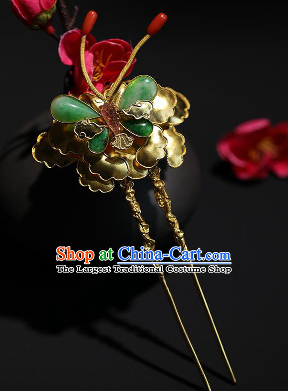 China Handmade Jade Butterfly Hairpin Traditional Qing Dynasty Court Headpiece Ancient Empress Golden Peony Hair Stick