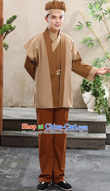 China Ming Dynasty Waiter Civilian Male Stage Performance Khaki Suits Ancient Drama Clothing and Hat