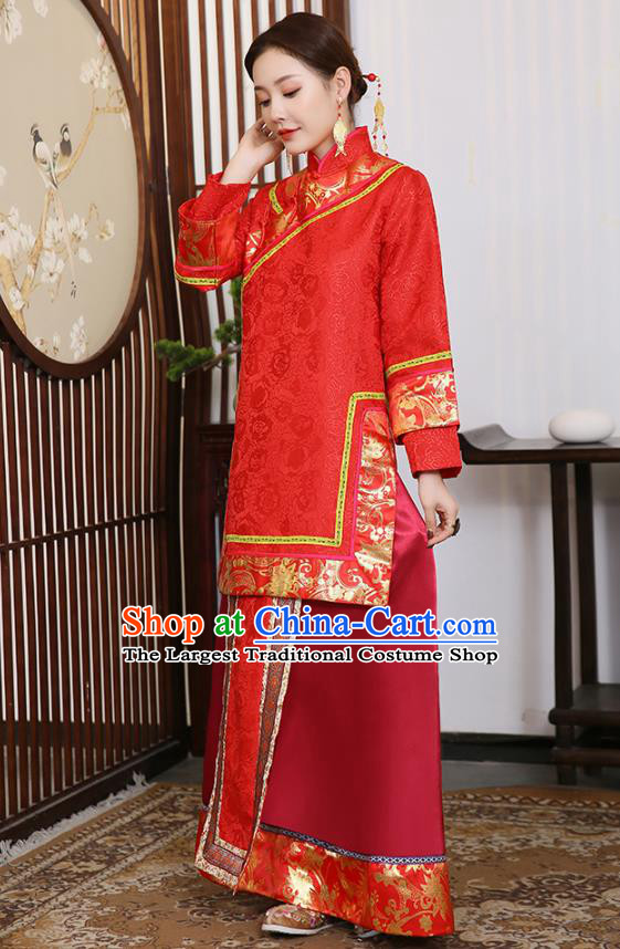 China Ancient Rich Young Mistress Red Dress Traditional Qing Dynasty Wealthy Madame Garment Clothing