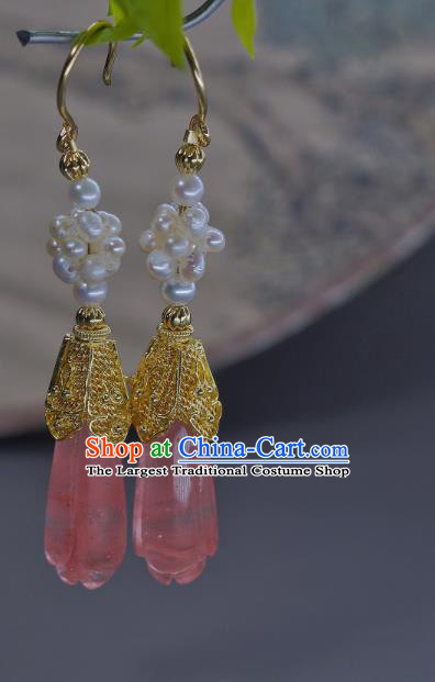 Chinese Traditional Cheongsam Ear Accessories National Pink Crystal Jewelry Handmade Ancient Imperial Concubine Earrings