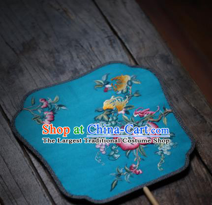 China Handmade Embroidered Peach Fan Classical Blue Silk Palace Fan Traditional Song Dynasty Hanfu Fan