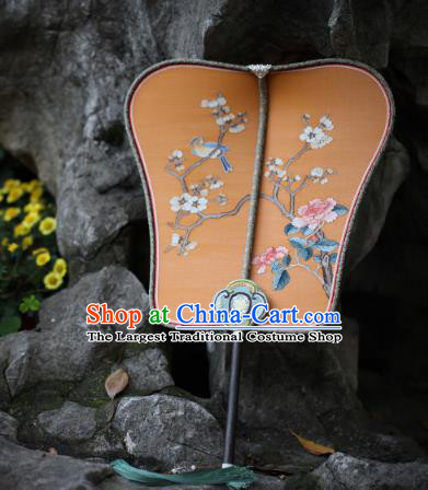 Chinese Handmade Kesi Plum Blossom Painting Yellow Silk Fan Traditional Palace Fan Ancient Ming Dynasty Hanfu Fans