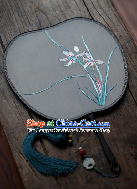 China Traditional Song Dynasty Hanfu Fan Handmade Embroidered Orchids Silk Fan Classical Palace Fan