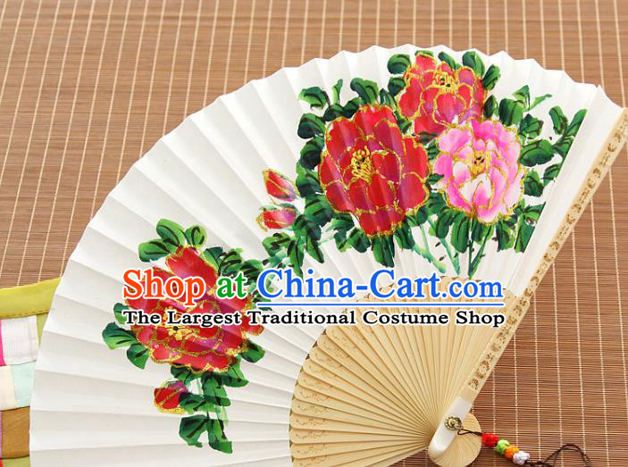 Handmade Chinese Bamboo Folding Fan Traditional Painting Peony Fan