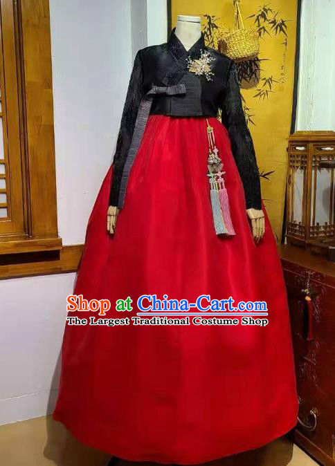 Asian Korea Wedding Hanbok Clothing Korean Bride Black Blouse and Red Dress Garments Traditional Fashion