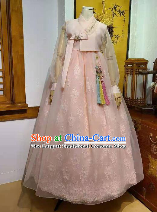 Asian Korea Traditional Fashion Wedding Hanbok Clothing Korean Bride Pink Blouse and Dress Garments