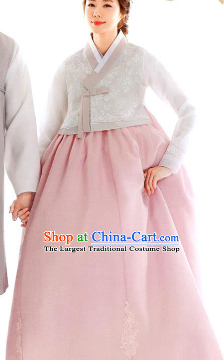 Korean Bride Hanbok Clothing Wedding White Blouse and Pink Dress Asian Korea Traditional Garments Fashion