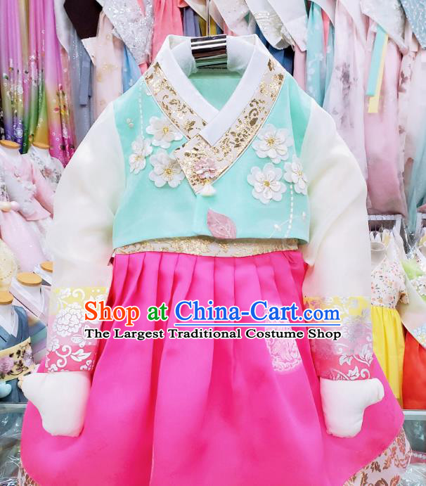 Asian Korea Girl Blue Blouse and Rosy Dress Korean Traditional Children Garments Fashion Performance Hanbok Clothing