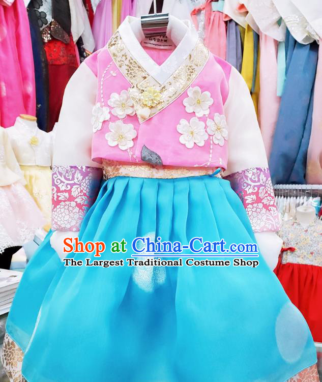 Korean Stage Hanbok Clothing Asian Korea Girl Rosy Blouse and Blue Dress Traditional Children Garments Fashion