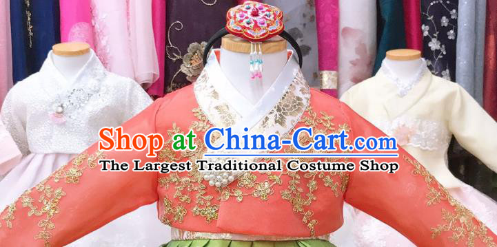 Asian Korea Girl Red Blouse and Green Dress Korean Children Garments Fashion Traditional Festival Hanbok Clothing