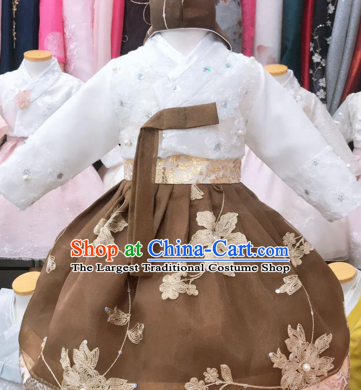 Asian Korea Traditional Festival Hanbok Clothing Girl White Blouse and Brown Dress Korean Children Garments Fashion