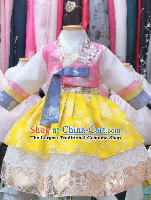 Asian Korea Children Garments Fashion Traditional Festival Hanbok Clothing Korean Girl Pink Blouse and Yellow Dress