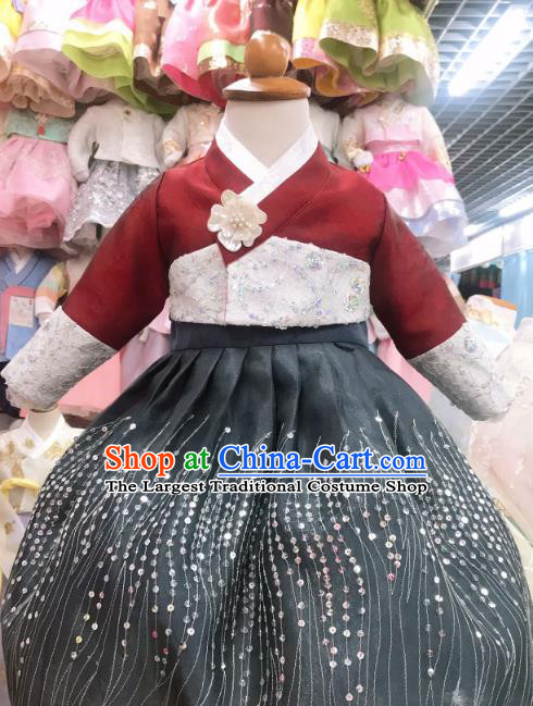 Asian Traditional Festival Garments Fashion Korean Hanbok Clothing Korea Children Wine Red Blouse and Black Dress