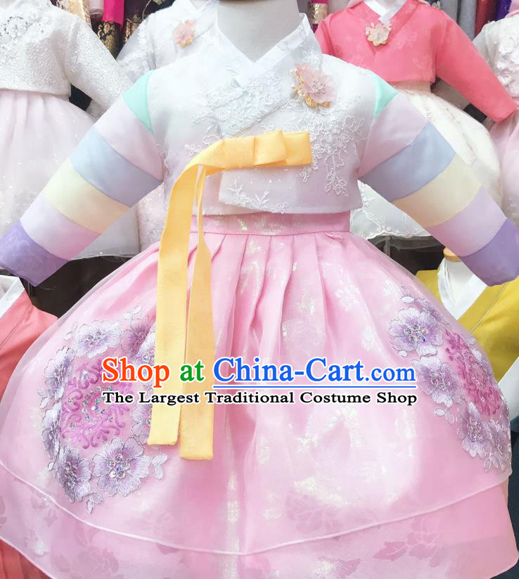 Korean Hanbok Clothing Korea Children White Blouse and Pink Dress Asian Traditional Festival Garments Fashion