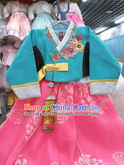 Asian Korea Court Hanbok Clothing Girl Performance Blue Blouse and Pink Dress Traditional Korean Fashion Garments