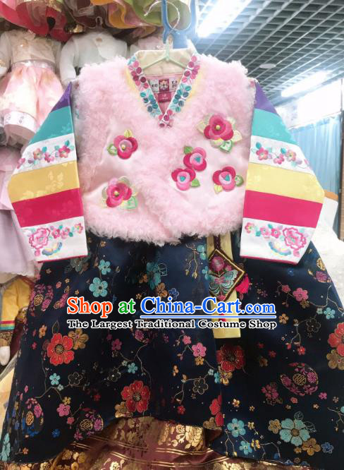 Korea Traditional New Year Garments Fashion Asian Korean Children Hanbok Clothing Pink Vest Blouse and Navy Dress