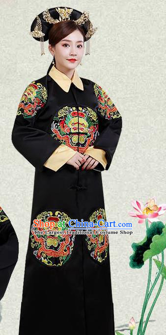 China Ancient Queen Black Dress Garments Traditional Qing Dynasty Empress Fu Cha Historical Clothing and Headdress Full Set