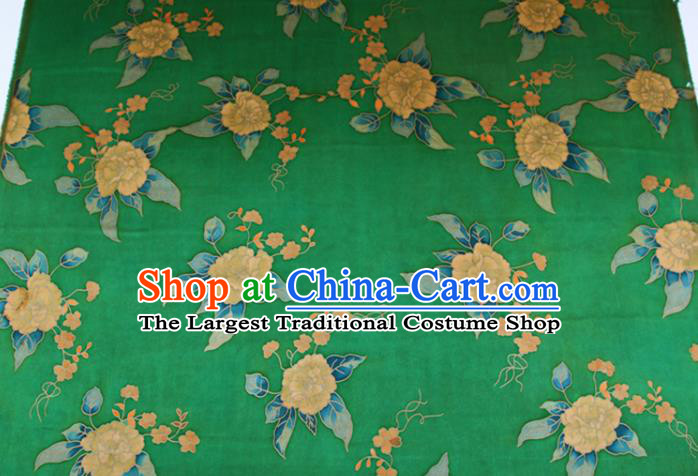 China Green Gambiered Guangdong Gauze Traditional Cheongsam Silk Fabric Classical Peony Pattern Cloth Drapery