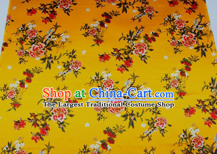 China Classical Printing Peony Cloth Yellow Satin Drapery Traditional Cheongsam Silk Fabric