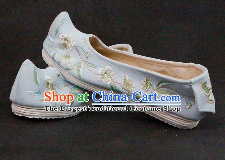 Chinese Ancient Princess Hanfu Shoes Traditional Ming Dynasty Blue Cloth Shoes Embroidered Shoes