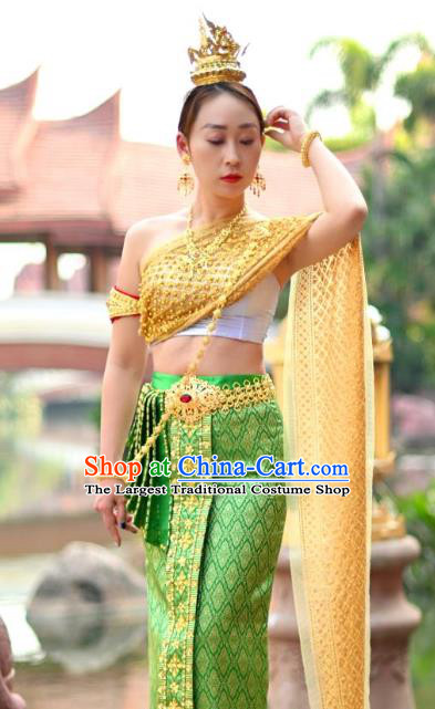 Asian Thai Female Folk Dance Embroidery Beads Uniforms Clothing Thailand Princess Green Dress