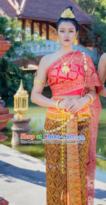Asian Thai Female Stage Performance Uniforms Clothing Traditional Thailand Court Golden Dress