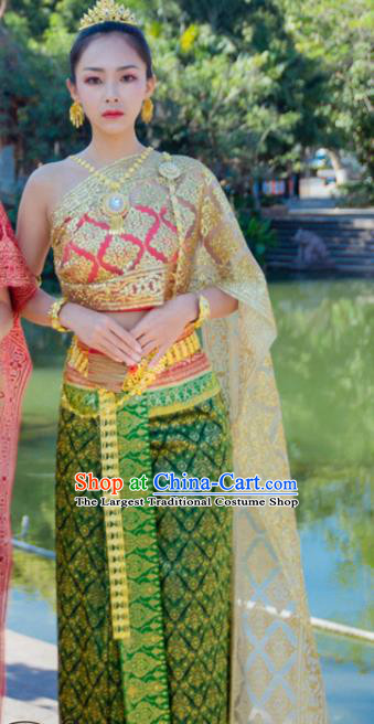 Traditional Thailand Court Green Dress Uniforms Asian Thai Female Stage Performance Clothing