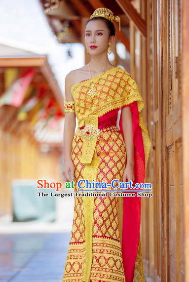 Traditional Thailand Court Rani Yellow Dress Uniforms Asian Thai Stage Performance Dance Clothing