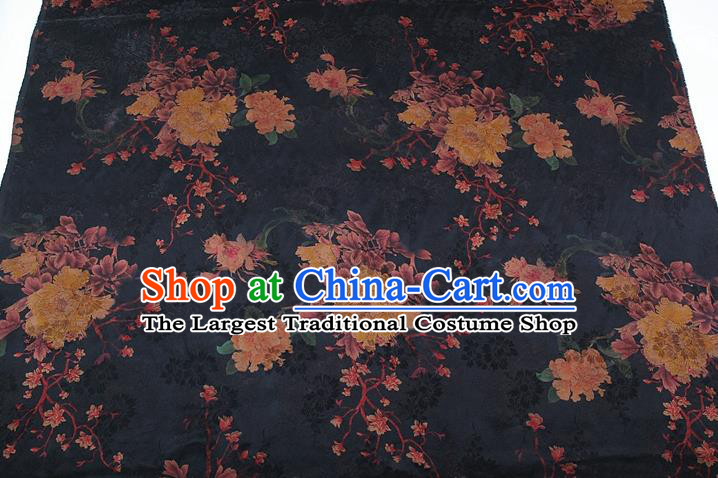 China Classical Cheongsam Peony Pattern Brocade Navy Gambiered Guangdong Gauze Traditional Silk Fabric