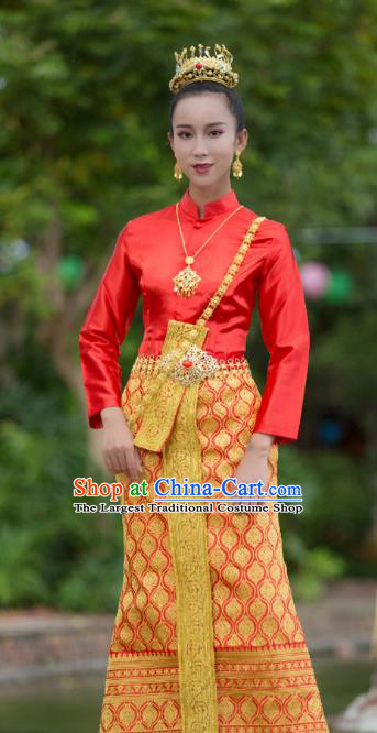 Asian Thai Woman Stage Performance Clothing Traditional Thailand Court Princess Red Blouse and Skirt Uniforms